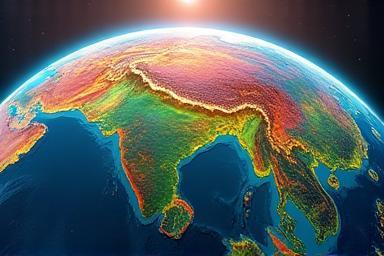 Vibrant satellite imagery of Earth with data layers highlighting environmental features