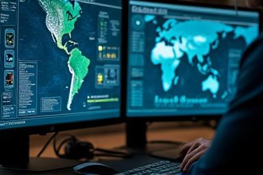 Analyst intently working with complex geospatial data on multiple high-resolution screens