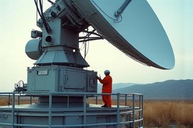 Technician working meticulously on a large satellite dish antenna at a ground station facility