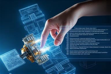 Conceptual image of satellite components and design schematics with an engineer working